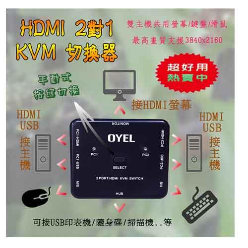 輕便型 HDMI 2對1 KVM 切換器 支援最高解析度3840x2160 (4K@30Hz)適用2台HDMI主機共用一套螢幕/鍵盤/滑鼠 免驅動 隨接即用