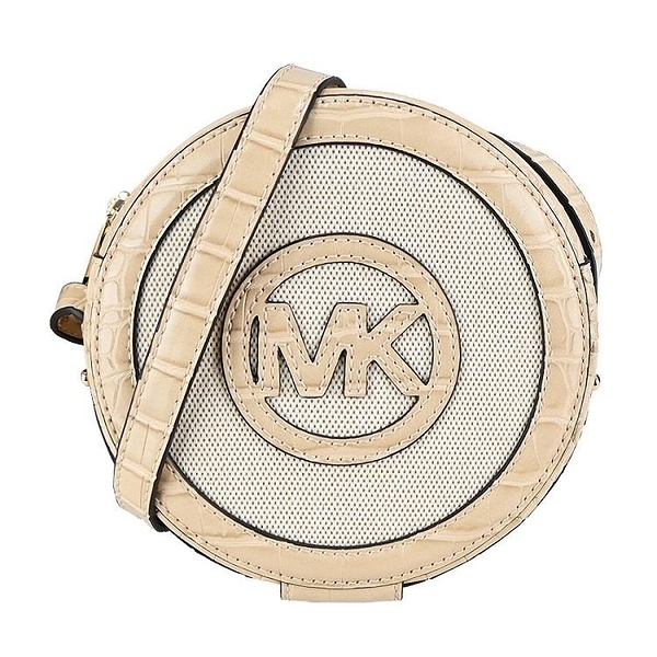 【南紡購物中心】MICHAEL KORS AIDY鱷魚紋拼接帆布斜背圓餅包-小/奶茶