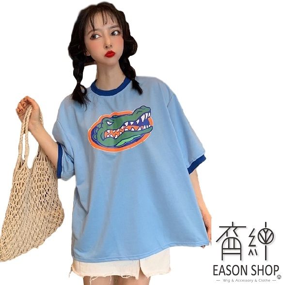 EASON SHOP(GW3005)實拍撞色拼接鱷魚印花閨蜜裝長版OVERSIZE圓領短袖七分袖T恤裙連身裙女上衣服棉T