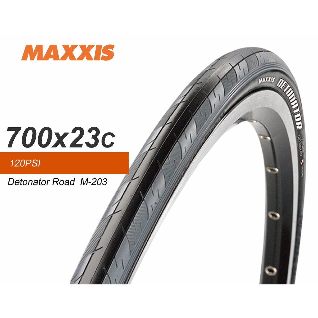 品名：飛輪單車MAXXIS DETONATOR M-203 700*23c 公路車外胎品號：0400-0537* 顏色：黑色重量：-公克尺寸：700 * 23 (23-622) 、氣壓100PSI材質