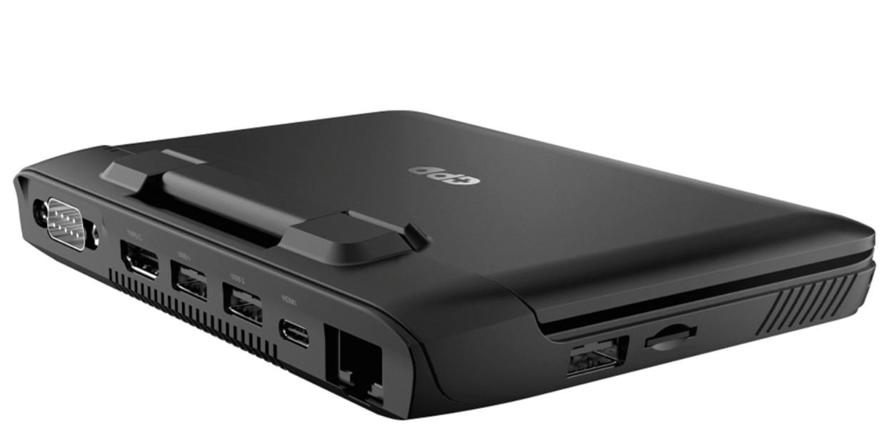 GPD MicroPC I/O 俯視圖，具備全尺寸標準 HDMI、RJ45、RS-232、USB 3.1 Gen1 Type-A 連接埠，USB Type-C 兼作電源輸入使用（支援 USB PD），側邊另有 1 個 MicroSD 記憶卡讀卡機