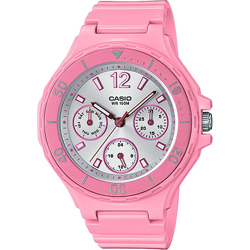 CASIO 漂亮寶貝運動潛水風造型女錶-銀灰X桃紅(LRW-250H-4A3) ＃手錶＃CASIO◆CASIO原廠公司貨◆以潛水錶運動風格設計◆防水100米，錶圈可旋轉以計時 ◆顯示日期、星期與24小