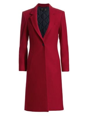 Streamlined car coat with a classic notched lapel and a single button closure.; Notched lapel; Long 