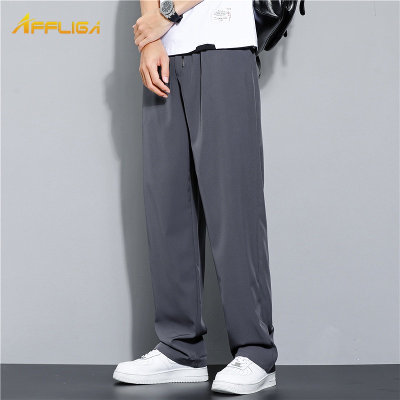 2022新款輕薄冰絲休閒褲褲子男 學生運動直筒西裝褲九分褲 素色寬鬆大尺碼百搭運動褲 潮牌青少年寬褲