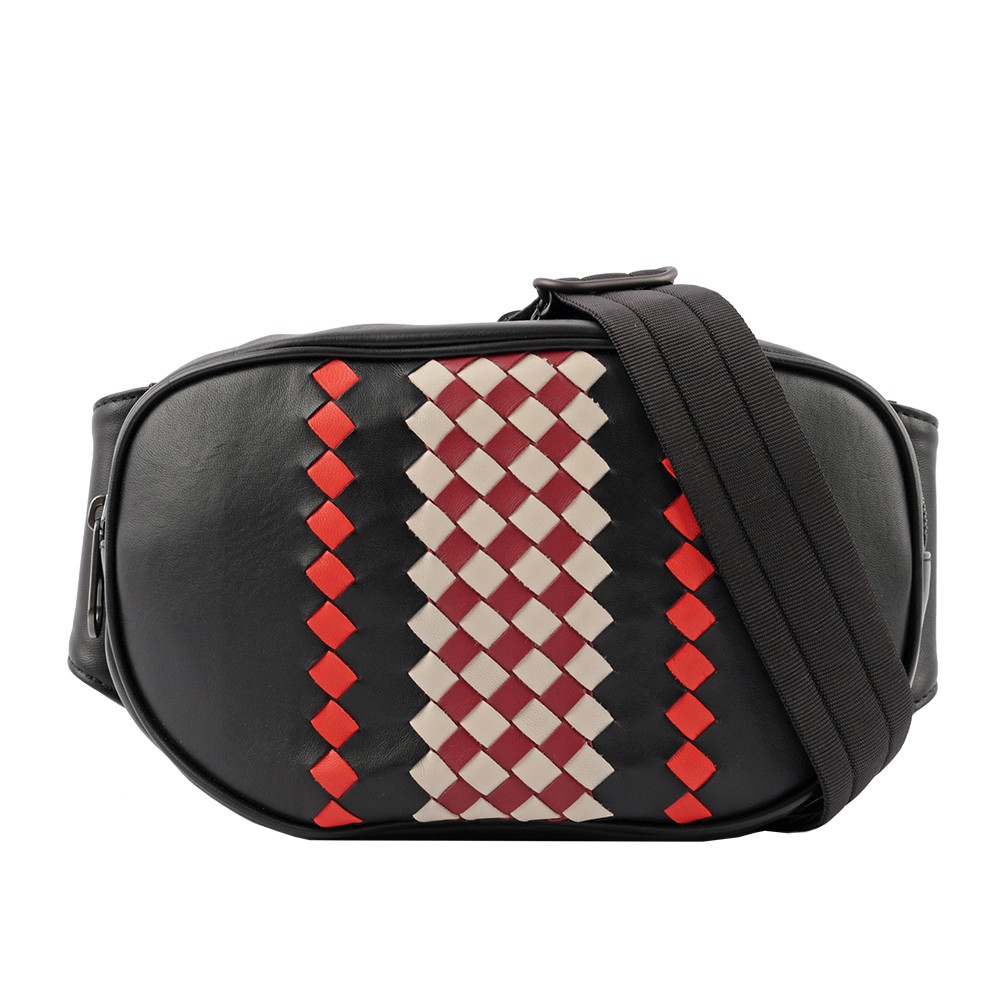BOTTEGA VENETA Club 19 小羊皮拼色編織斜背/腰包(黑色) 548028 VBM92 8702