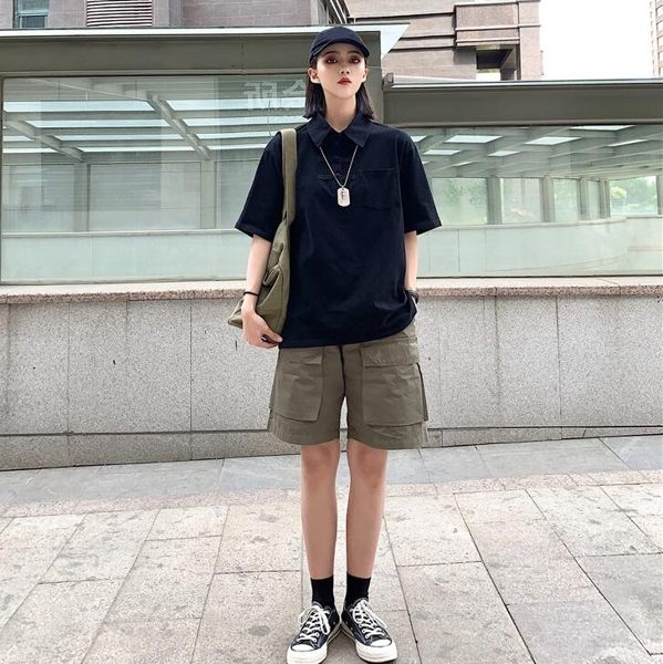 韓版T恤古著感少女polo衫寬鬆原宿風短袖t恤翻領盤扣上衣 晴天時尚館