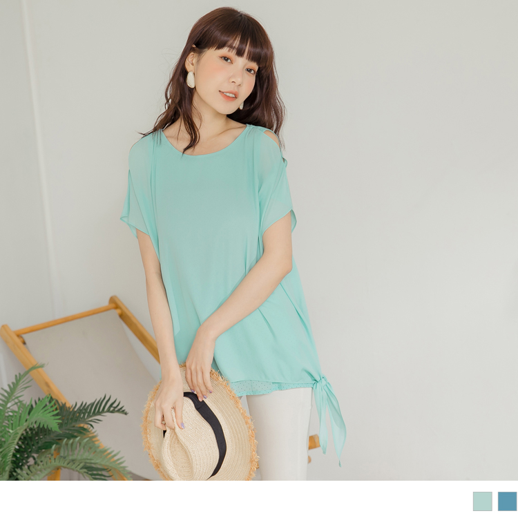 版型偏大，建議可以選購小一碼 採用輕盈的雪紡面料使肌膚舒爽自在一整天， 跳色圓點內裡若隱若現的小巧思，展現簡約俏皮的質感設計~ 綁結可依喜好做變化，此款2件簡單搭配牛仔褲就很有型! *********