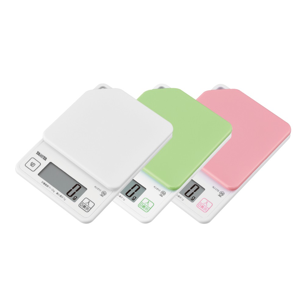TANITA KJ-213超薄基本款電子料理秤，日本原裝進口，全新公司貨！夢幻春日賞櫻色系新登場，擺在廚房超美的！多功能量測又精準，讓媽媽愛不釋手！智慧扣重功能，可扣除容器重量後直接倒入食材量測！秤重