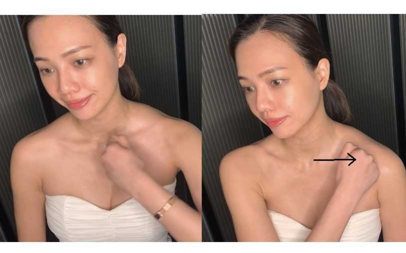 胸部位置直接塗抹精華後，可單手握拳，從胸口處由內往外推移開來即可。（圖／吳雅鈴攝）