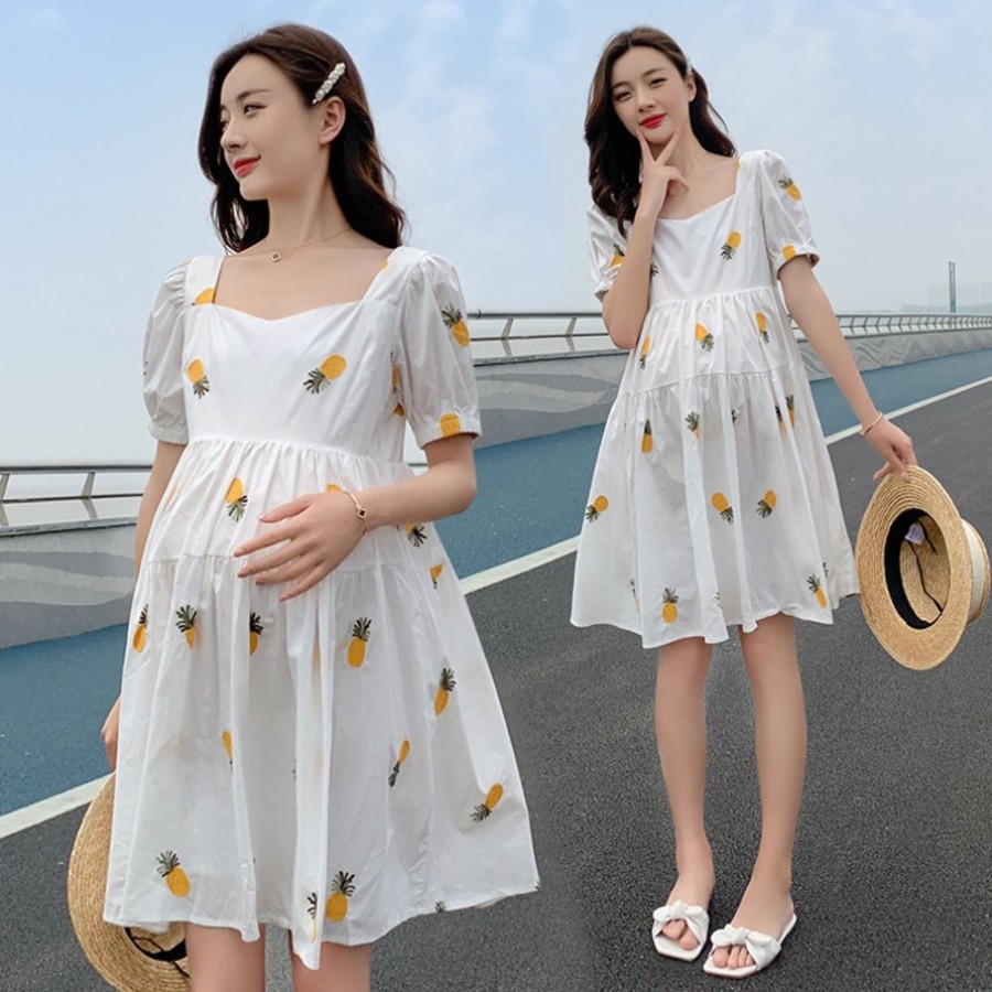 漂亮小媽咪 韓式 繡花 洋裝 【D7201】 PINEAPPLE 刺繡 鳳梨 水果 短袖 洋裝 孕婦裝