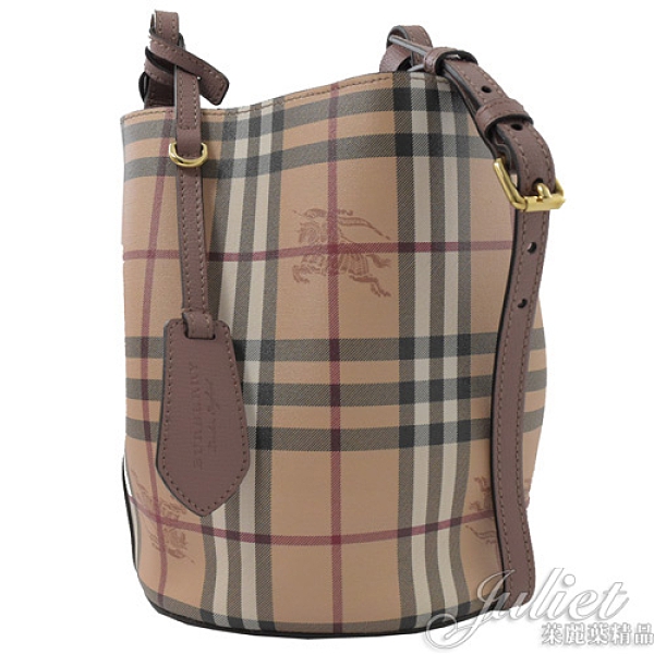 茱麗葉精品【全新現貨】 BURBERRY 40571561 Haymarket 戰馬格紋水桶包.粉紫邊