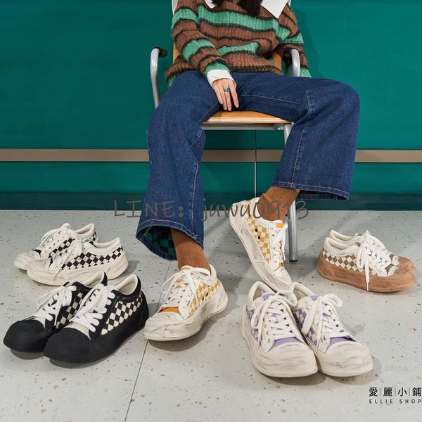 棋盤格低幫厚底帆布鞋女春季休閒鞋平底板鞋小白鞋流行女鞋【愛麗小鋪】