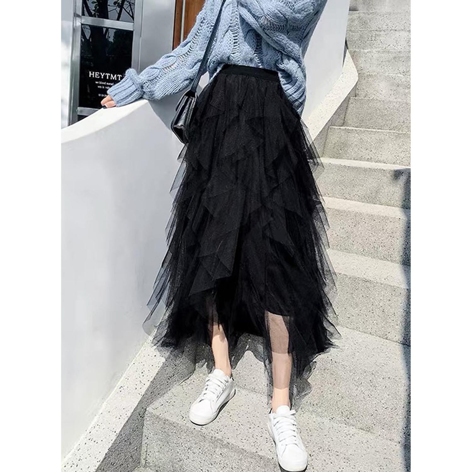 日本 GRL - 夢幻抓皺時尚飄逸紗裙-簡約黑