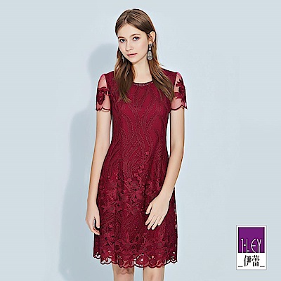 ILEY伊蕾 花草縷空刺繡圓領洋裝(紅)