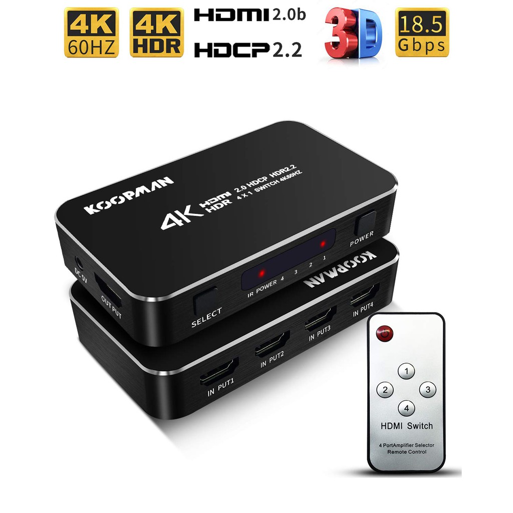 Roku TV /帶HDMI端口的消防電視/其他Apple和Sony設備。[你得到] Koopman Premium x1 HDMI開關x1,5V直流電源適配器x1，遙控器x1，用戶手冊x1,24個月