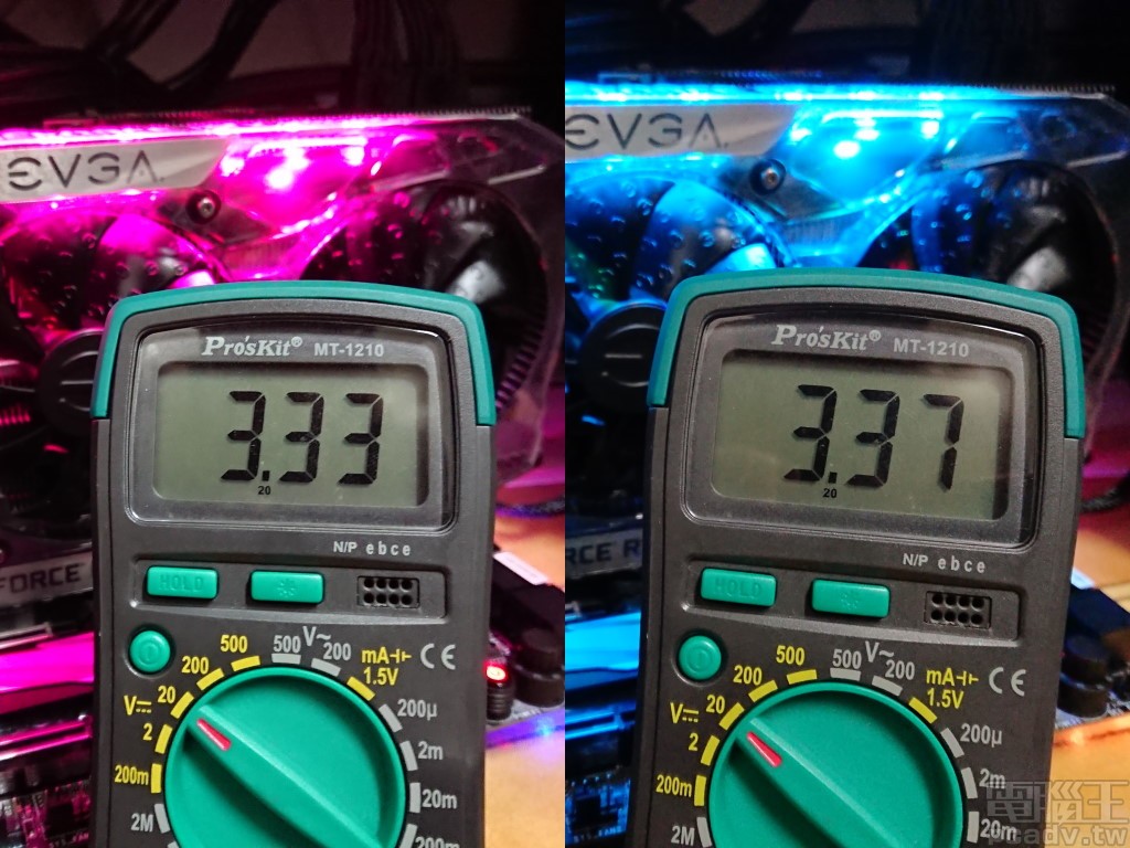 +3.3V 待機與燒機的電壓量測值。（左方為待機，右方為燒機，以下亦同）