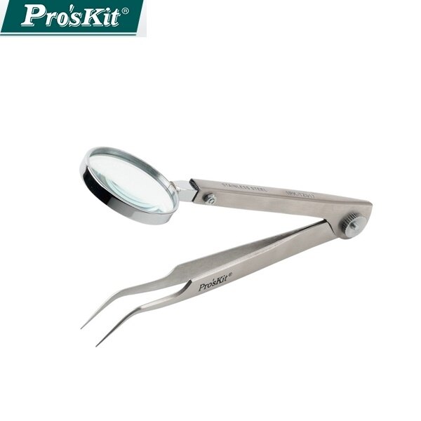 又敗家@台灣製造Pro'sKit寶工3X放大鏡彎尖鑷子1PK-TZ017無磁性不銹鋼防磁3倍放大鏡彎尖鑷子尖彎嘴維修夾頭防磁彎尖頭夾持工具ProsKit