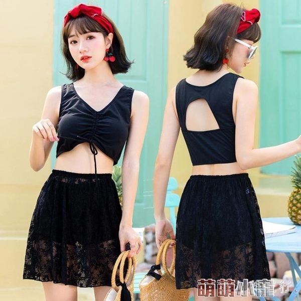 新款泳衣女分體休閒無袖上衣 短裙三件套溫泉性感比基尼素色裙式平角泳裝 萌萌小寵