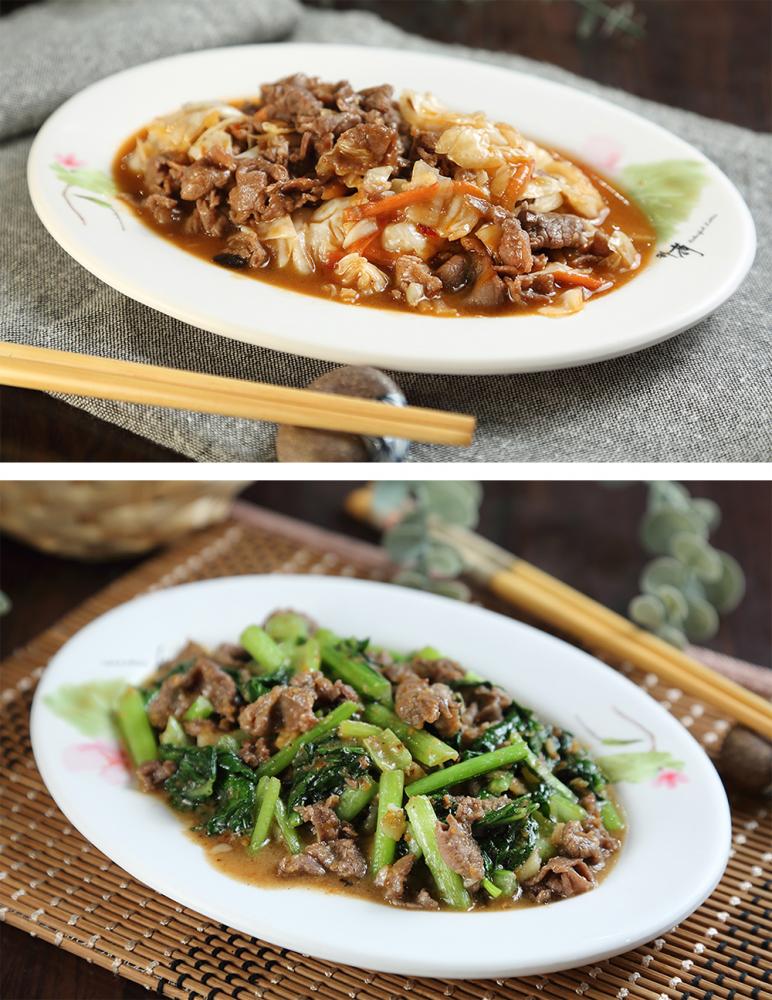 泡菜炒羊肉(上)使用台式泡菜，酸甜脆口，與羊肉意外合拍，沙茶羊肉(下)香氣十足，兩道熱炒都相當下飯。(攝影/Carter)