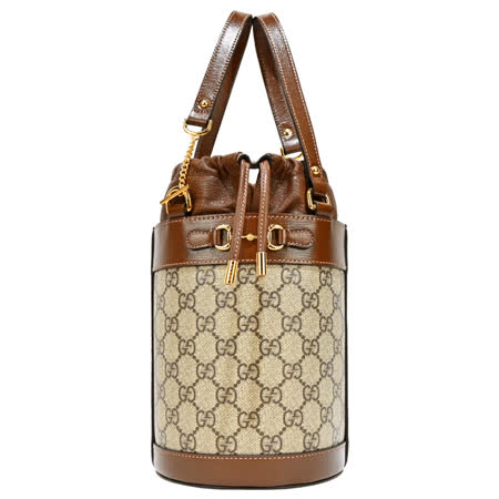 GUCCI 1955 Horsebit GG 帆布馬銜扣手提肩背水桶包(皮革棕x卡其)