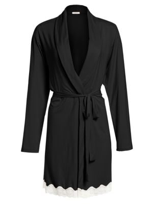 Soft stretch robe trimmed with delicate scalloped lace; Shawl collar; Long sleeves; Wrapped tie-fron