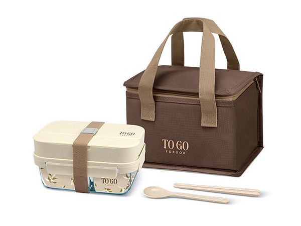 FU TOGO 森沐~雙層玻璃餐盒提袋組(1組入)米色【DS001831】FORUOR ※限宅配