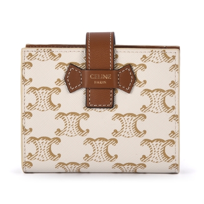 CELINE 經典TRIOMPHE滿版老花帆布拼接小羊皮壓釦短夾(小)-白/棕褐色