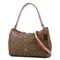 COACH 緹花LOGO防刮皮革肩背/斜背二用船型包-古典粉