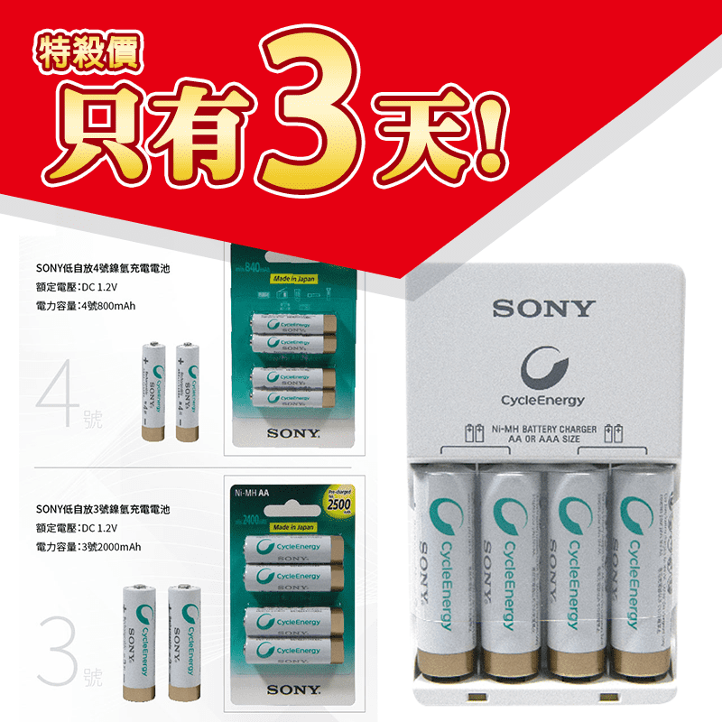 日本製SONY原廠(NH-AA-B4KN/NH-AAA-B4KN)，品質值得信賴！電池容量比一般鹼性電池多！充電電池可充電約1000次，讓你電力滿滿又環保！充電器折合式插頭，方便收納不占空間！充電完成