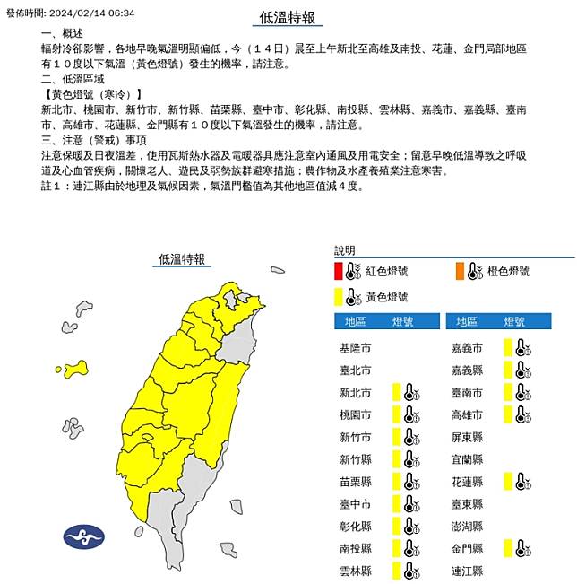 今晨到上午新北市、桃園市、新竹市、新竹縣、苗栗縣、臺中市、彰化縣、南投縣、雲林縣、嘉義市、嘉義縣、臺南市、高雄市、花蓮縣、金門縣有10度以下氣溫發生的機率，請注意。