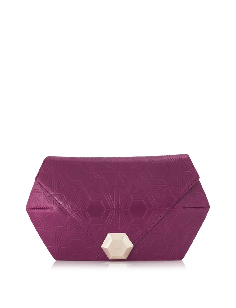 This clutch bag features an embossed leather body, a front flap with a magnetic closure, and interio