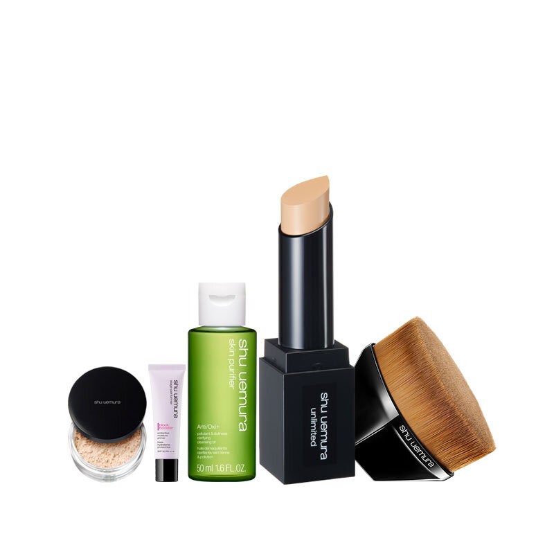 無極限持久粉底棒 SPF21 PA++正貨 任選色+#55零刷痕粉底刷+全新植物精萃潔顏油 50ml+極保濕輕感防護乳SPF50 PA+++ 紫色 7ml+THE LIGHTBULB鑽石光蜜粉輕巧版