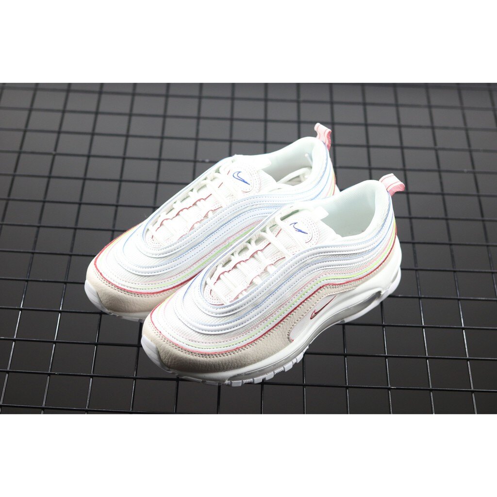 【日本海外代購】NIKE AIR MAX 97 米白 紅粉綠 白彩虹 糖果色 皮革 3M反光 女 AQ4137-100