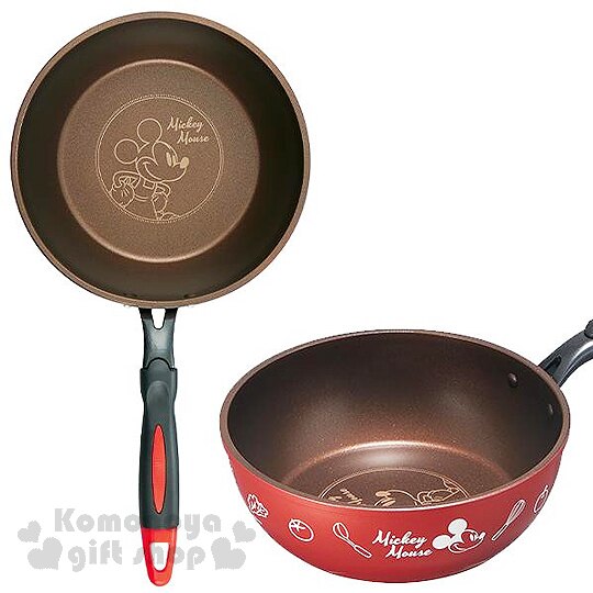 小禮堂 迪士尼 米奇 鋁合金平底深鍋 平底鍋 炒菜鍋(圓形.紅黑.圍裙)