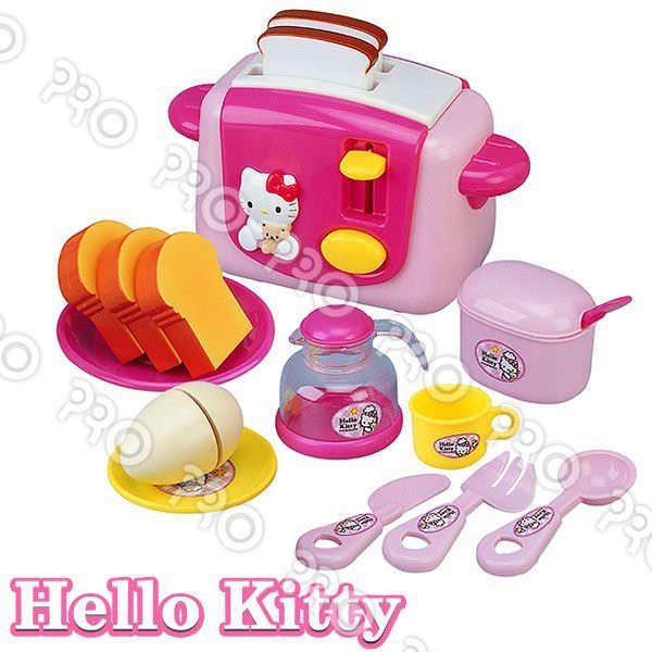 HELLO KITTY 烤麵包機KT TOASTER SET將吐司放進烤麵包機裡按下開關吐司跳起就完成囉!還可以切蛋再喝一杯咖啡，就是最有精神的早餐時光~內附烤吐司機、咖啡壺、吐司麵包(兩款)、白煮蛋