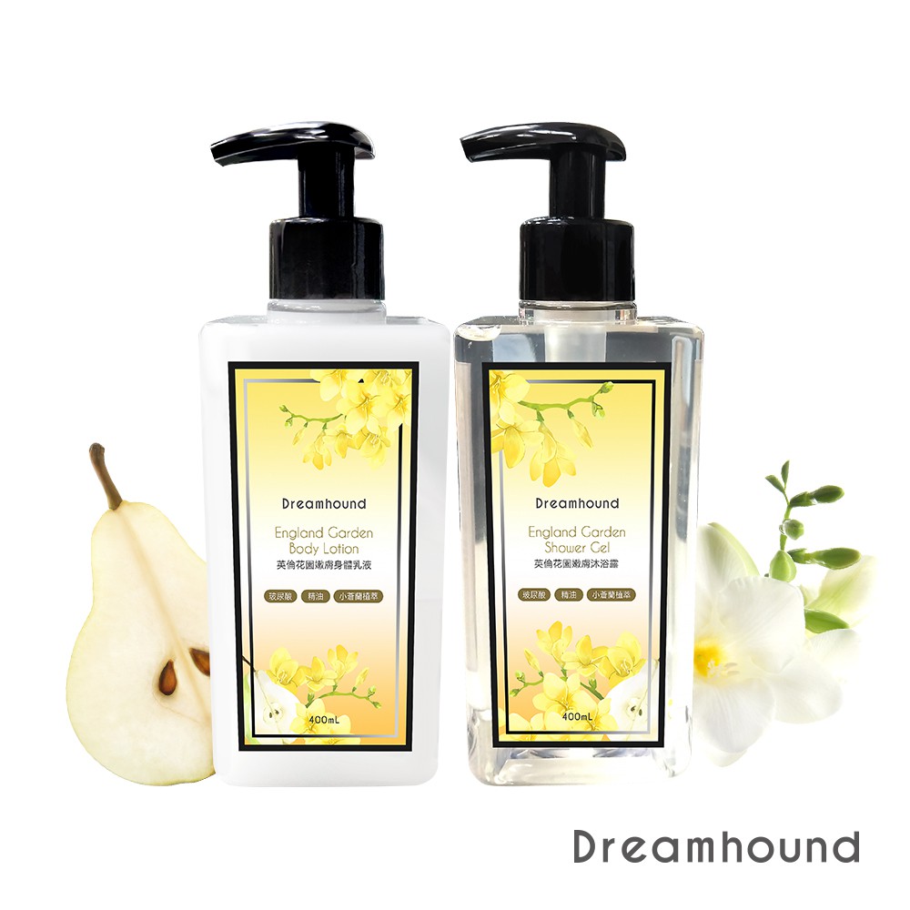 Dreamhound英倫花園嫩膚精油身體乳添加小蒼蘭植萃、角鯊烯、玻尿酸、維他命E、甜杏仁油、甜橙精油、佛手柑精油等有效成分，可保濕潤澤肌膚。※全產品SGS檢驗合格・不含礦物油、不含酒精、不含防腐劑P