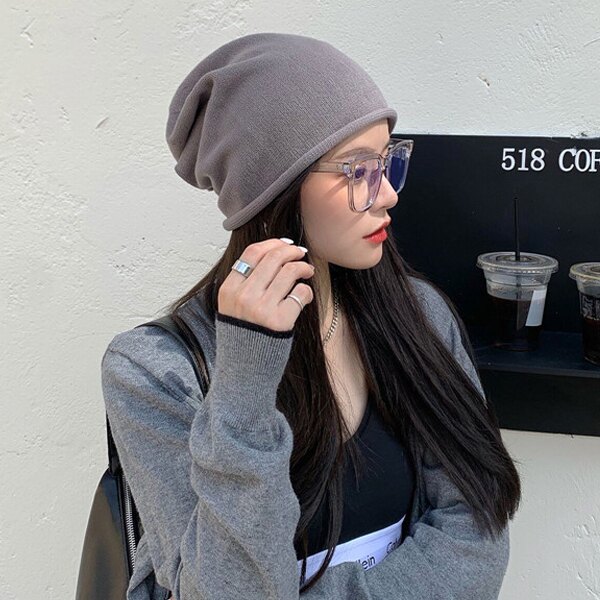 OT SHOP[現貨]帽子 針織帽 毛帽 套頭帽 男女款 棉質混紡 純色 捲邊 秋冬保暖 文青百搭 黑/灰/米 C2202