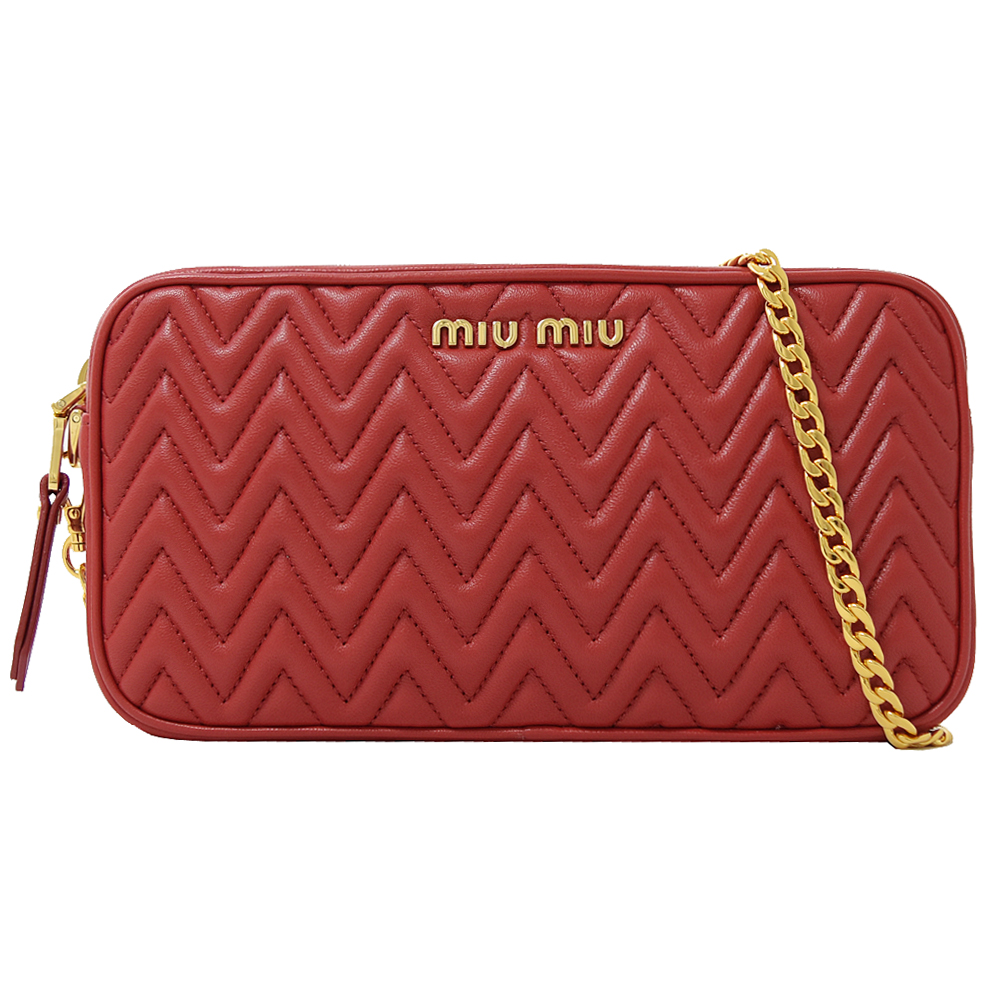 MIU MIU 5DH039 MATELASSE 抓皺小羊皮金鍊斜背包.紅