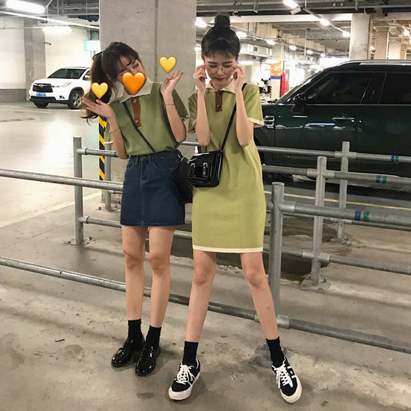 春夏裝2019新款韓版閨蜜裝小個子洋氣連衣裙女學生針織短袖t恤裙