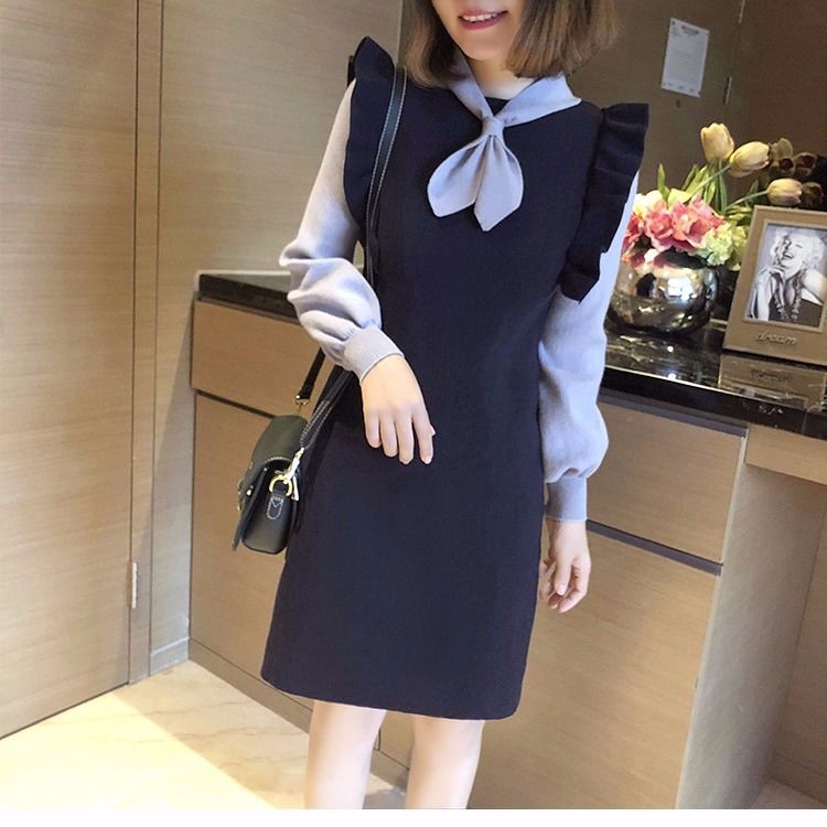 秋冬新款甜美荷葉邊假兩件打底毛衣裙針織中長裙學院風連衣裙實屬回饋的款~質量做工都挺好的，每個細節都做的很好！ 更多撩人單品，請關注賣場，超多日韓时尚裝備等你來！！！產品介紹商品材質：棉+聚酯纖維+其他