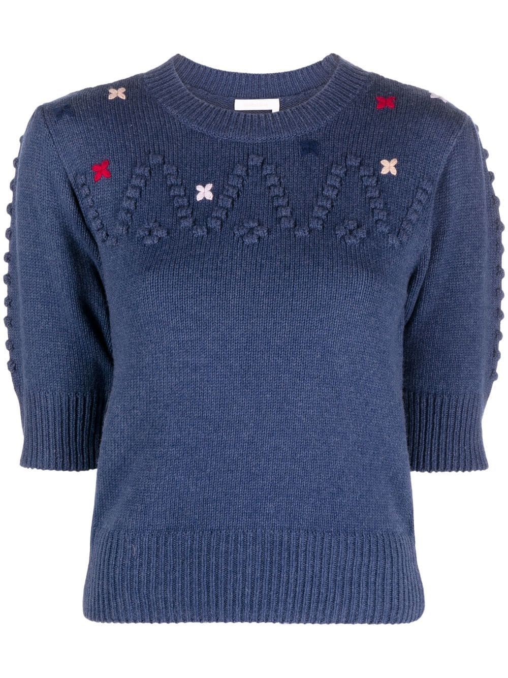 See by Chloé - embroidered puff-sleeve knit top - women - Cotton/Merino/Polyamide - M - Blue