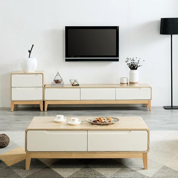 茶几 電視櫃 北歐茶幾水曲柳原木色日式現代實木客廳小戶型白色茶幾電視櫃組合 莎拉嘿幼