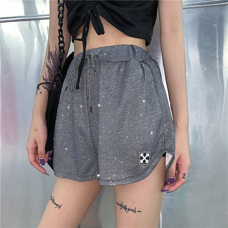 休閒短褲 寬褲 闊腿褲 繫帶 韓版原宿風箭頭松緊系帶休閑運動短褲女圖案高腰寬鬆顯瘦闊腿褲寬褲 運動褲 女生衣著