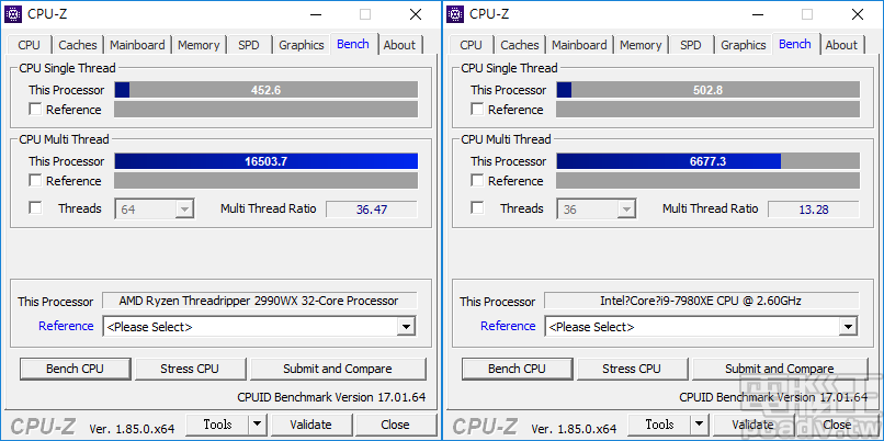 CPU-Z 測試結果不意外，Ryzen Threadripper 2990WX 使用 32 核心 64 執行緒於多執行緒突破 1 萬 6 千分，Core i9-7980XE 則是堅守 IPC 效能