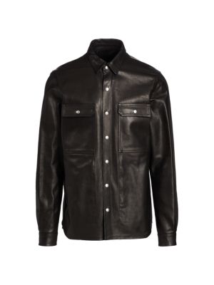 Designed in luxe leather, this overshirt with snap button front can be worn as a light jacket.; Poin