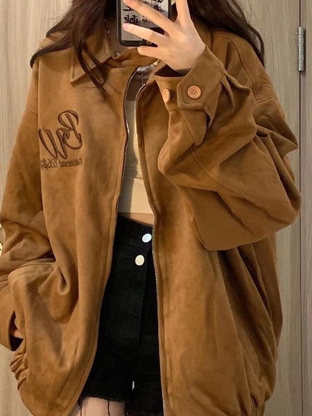 秋冬棕色麂皮絨外套女時尚年美式復古街拍棒球服夾克上衣ins