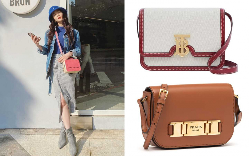 Burberry Small Two-tone Canvas and Leather TB Bag／65,000元、PRADA棕色Pattina肩背包／62,000元(圖／翻攝曾之喬IG、品牌提供)