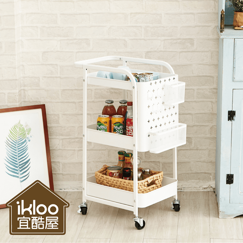 瓶瓶罐罐輕鬆收納！ikloo多功能掛籃三層收納推車BCF54，附籃掛勾怎麼掛都可以，頂端把手設計好移動，附輪移動好方便，客廳、臥室、浴室皆適用。三層置物架空間，分類收納好簡單喔~