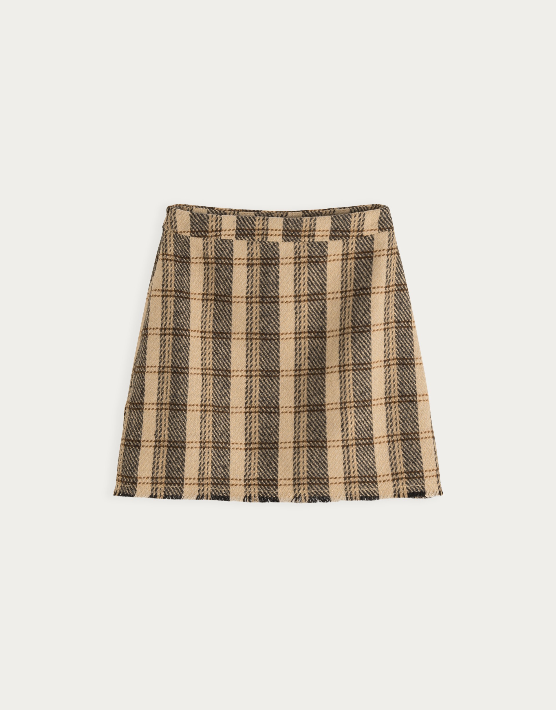 挺版格紋面料/側邊有隱形拉鍊/下擺做抽鬚造型/有內裡