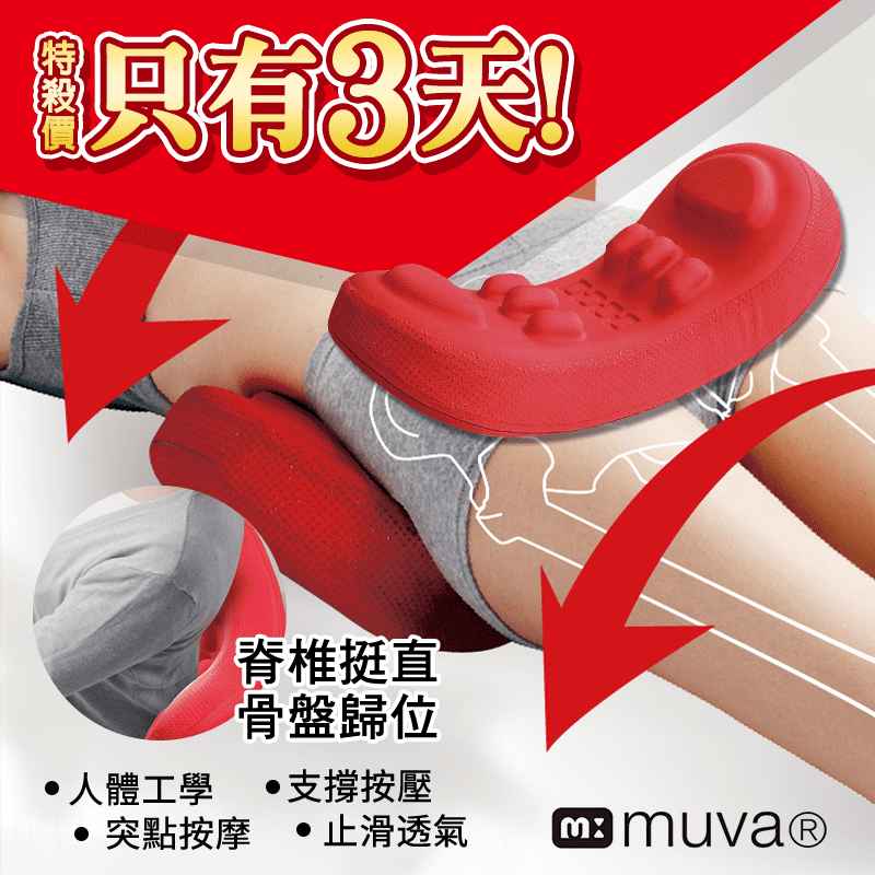 只有三天！超值優惠！日本研發muva美姿骨盤枕(SA8ER12)，平躺在骨盤枕上，輕鬆左右搖動，矯正歪斜，6個凸點按摩山形設計，腰部和骨盆位置都按得到，左右半圓支撐腰部按壓，符合人體工學，使用止滑膠點